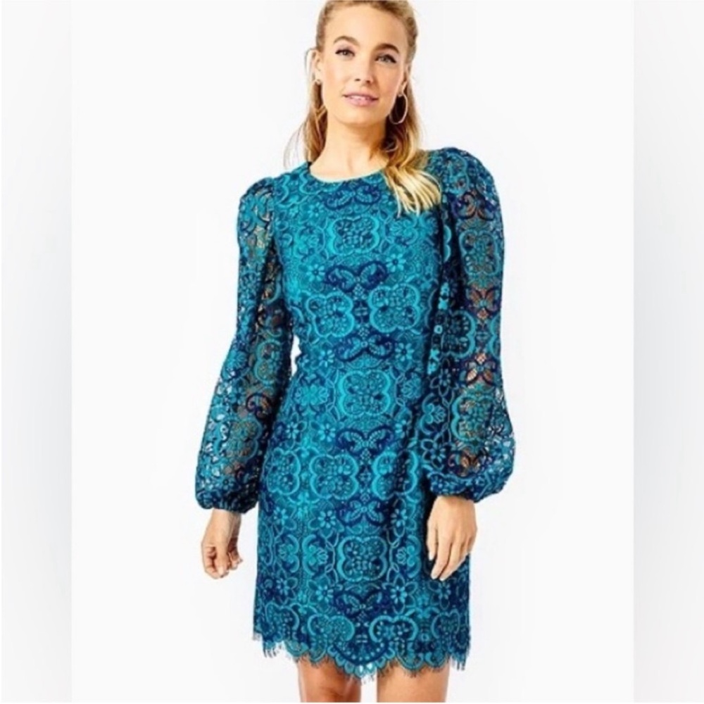 NWT Lilly Pulitzer Georgi Dress Valencia Teal Two Tone Carnival Lace Size 0